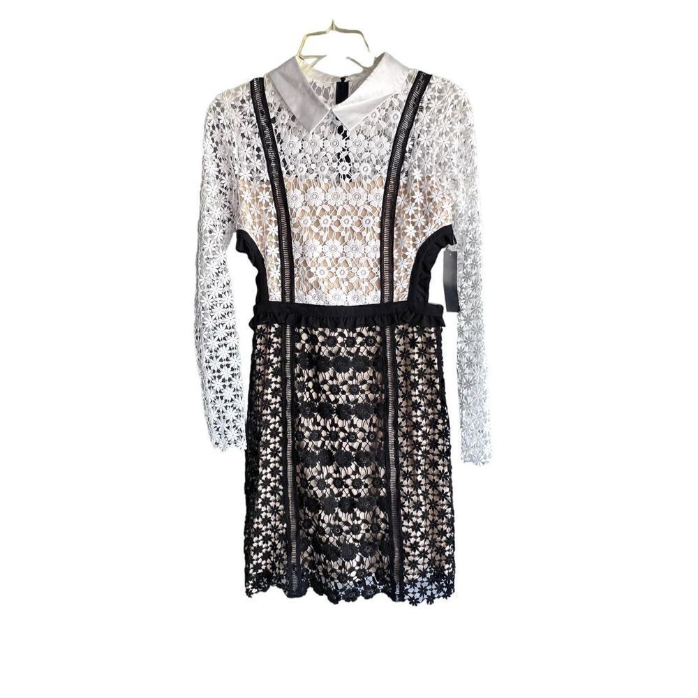 Black and white crochet lace long sleeve cutout collar mini dress, NWT, sz 2